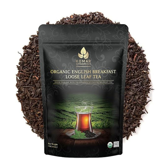 KOMAR ORGANICS English Breakfast Tea - 16oz USDA Organic Loose Leaf Tea Rich in Antioxidants - Balanced and Flavorful Black Tea for Energy Boost - 1 LB Certified Kosher Assam and Darjeeling Blend