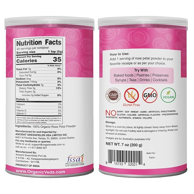 Organic Veda Edible Rose Petal Powder - Organic Rose Petal Powder for Cooking, Herbal Tea, Smoothies, Toppings - Natural Rose Petal Powder for DIY Face Masks, Skin & Hair Care - Vegan, No Gluten - 7oz