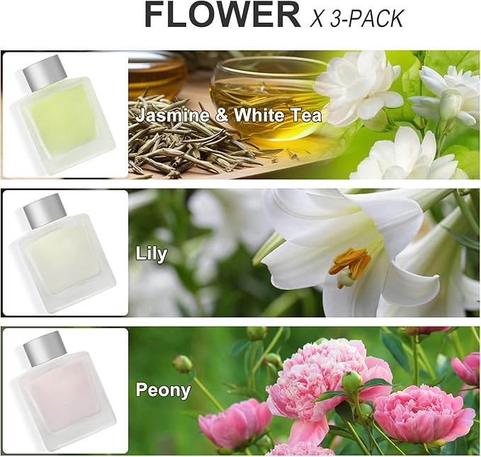 3-Pack Reed Diffuser, Jasmine White Tea/Lily/Peony Scented Oil, Flower Aroma Essential Oil with Diffuser Sticks, Long Lasting Bathroom Air Freshener, Home Fragrance for Room Decor