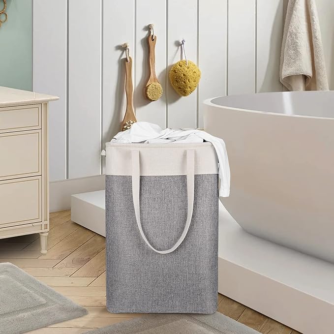 Collapsible Laundry Baskets Double Laundry Hampers Large Foldable Laundry Basket Organizer with Straps Beig Gray Cloth Laundry Hamper for Dirty Clothes,QY-SC22-2