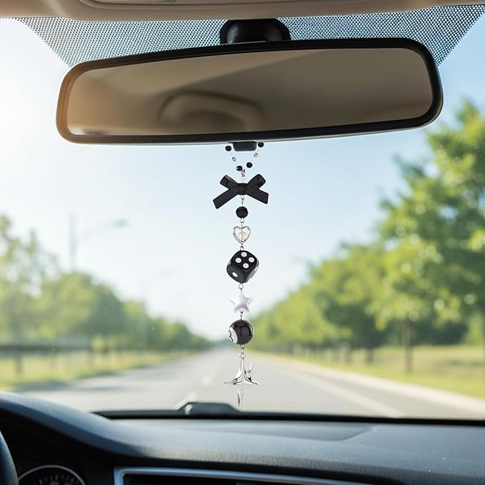 Black Bow Beaded Car Rearview Mirror Chain - Y2K Aesthetic Hanging Charm with 8 Ball & Star Pendant, Cute Car Interior Decor Ornament Accessory, Gift for Women Men