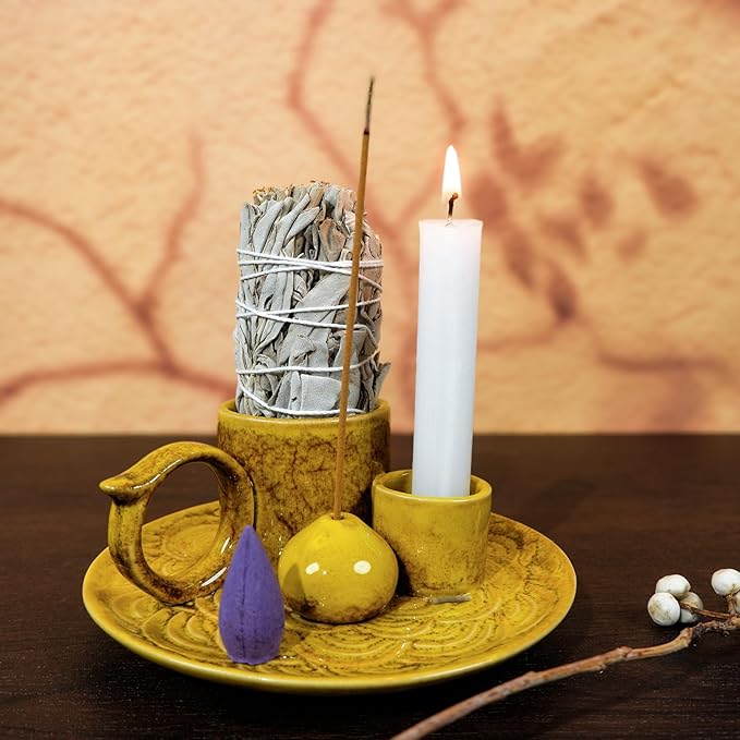 5.1-Inch 5-in-1 Yellow Ceramic Incense Holder - Fits Palo Santo, Sage, Incense Sticks/Cones, Small Candle, Smudge Burning Tray.Zen Altar for Meditation/Yoga, Aromatic Scents, Matches Friendly