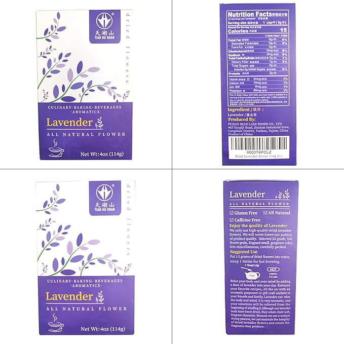 TIAN HU SHAN Dried Lavender Flower Buds, Culinary Food Grade for Baking, Fresh Fragrance, 4 Ounce, Caffeine Free Suger Free Vegan Herbal Tea, Packing in Bulks