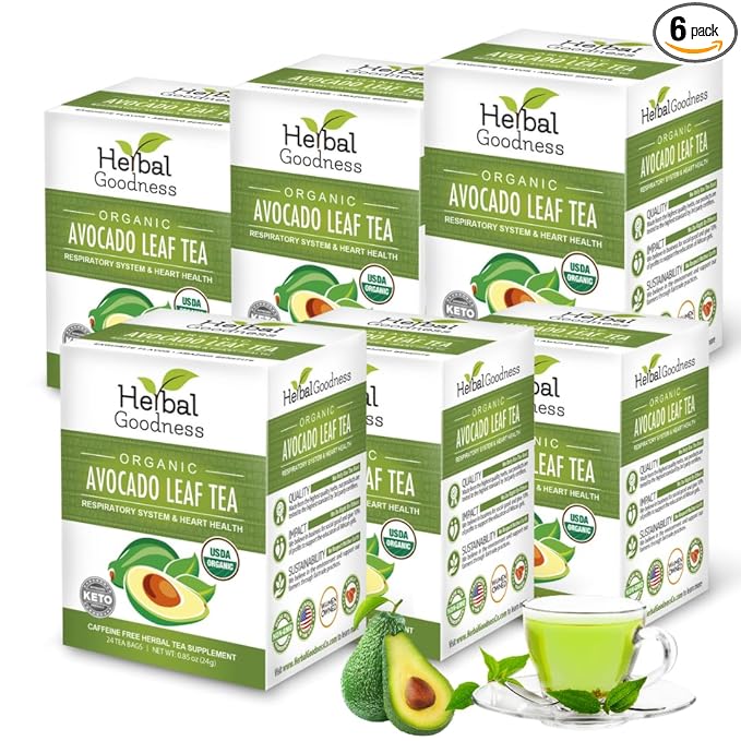 Avocado Leaf Tea - Organic Avocado Green Tea Bags, Rich in Calcium, Nutrient Dense, Respiratory & Heart Support - 24 Teabags in 6 Packs - Herbal Goodness