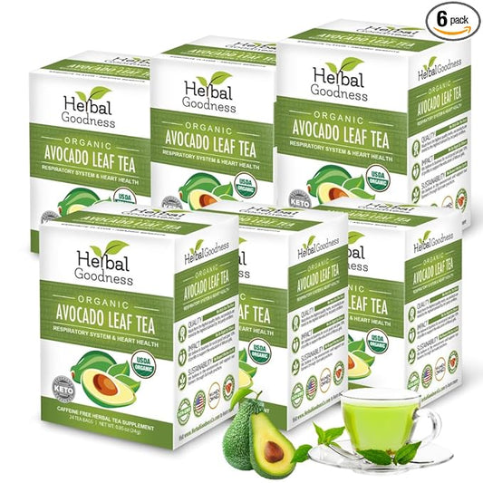 Avocado Leaf Tea - Organic Avocado Green Tea Bags, Rich in Calcium, Nutrient Dense, Respiratory & Heart Support - 24 Teabags in 6 Packs - Herbal Goodness