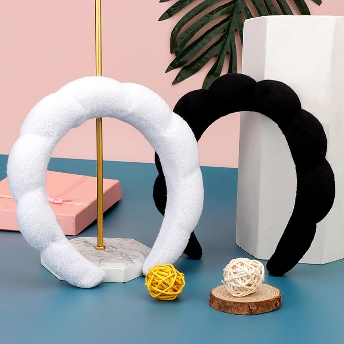 AMCAMI 2 PCS Puffy Spa Headband for Women Sponge Headbands for Girls Terry Towel Cloth Fabric Head Band for Skincare, Makeup Removal, Face Washing, Facial Mask, Shower, Hair Accessories (Black&White)