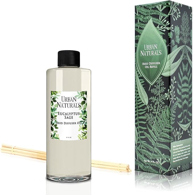 Urban Naturals Reed Diffuser Oil Refill Eucalyptus Sage with Mint, Lime, Cedarwood 8 oz + Free Reed Sticks, Made in The USA