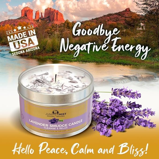 Lavender Sage Smudge Candle (6oz) Soothe & Reset - Pure Sage Energy Cleansing Candle for House Cleansing Negative Energy, Meditation – Spiritual for Protection & Intention –Soy Wax - USA Made
