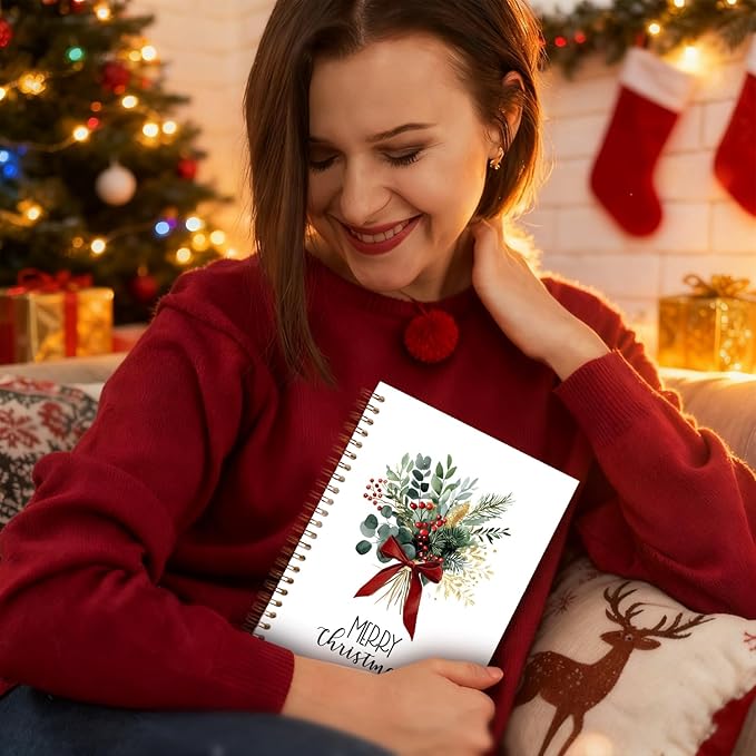 Exqcom Christmas Eucalyptus Holly Spiral Notebook Gifts, Coquette Red Bow Berries Botanical Plant Journal for Women, Merry Christmas Hardcover Notebook Journal Office School Supplies, 5.5x8.3 Inch