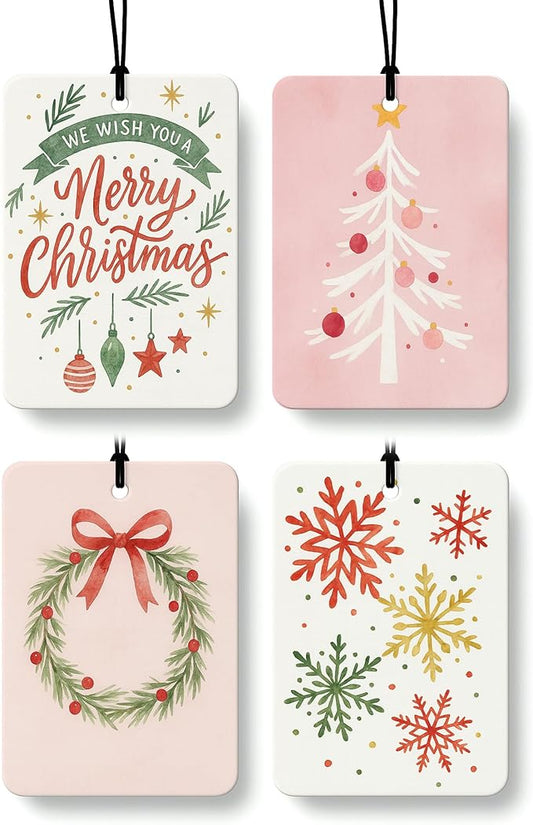 Red and Green Boho Christmas Berry Car Air Freshener 4 Pcs, Xmas Tree Wreath Snowflake Hanging Air Freshener for Cars Closet Drawer Books, Christmas Car Accessories Mirror Decor for Women