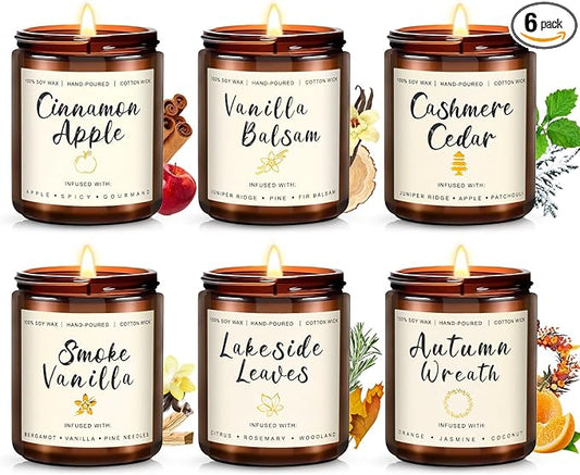 6 Pack Fall Scented Candles for Home, Candles Gifts Sets for Women Men Birthday Thanksgiving Day Merry Christmas, 7.1Oz Large Jar | Long Lasting Soy Wax Candleswith Cinnamon Apple, Smoke Vanilla