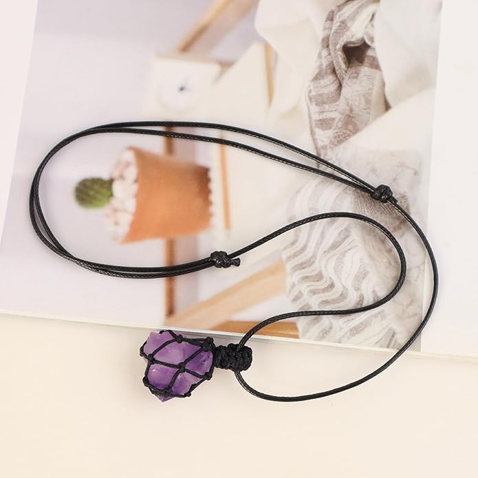Handmade Natural Gemstone Crystal Pendant Necklace Stone Holder Necklace Cord Net Necklace with Adjustable Length for Women Men