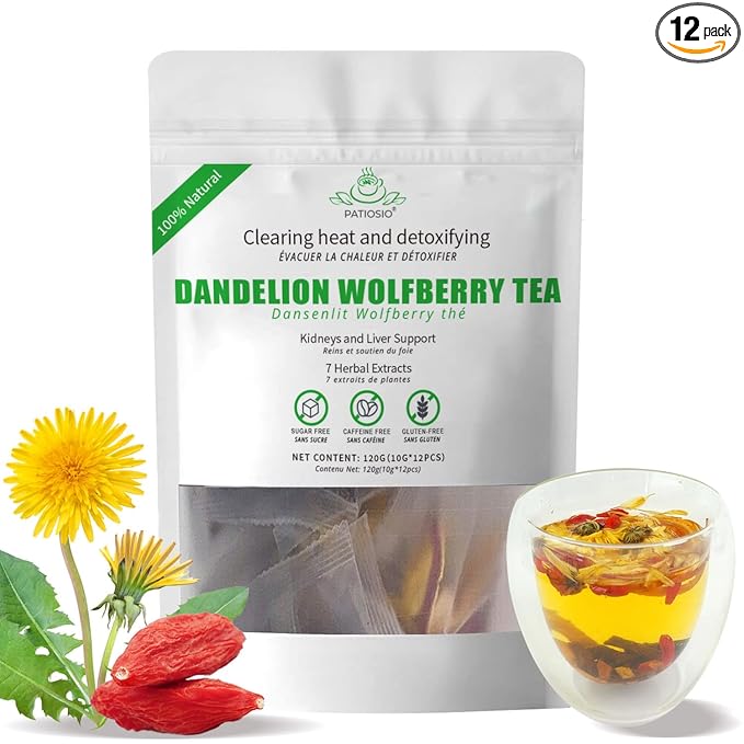 Dandelion Wolfberry Tea Bags - Kidneys & Liver Tea, Seven Herbal Tea Natural Blend, Dandelion Chinese Wolfberry Tea 120g/Bag (1Bag(12pcs))