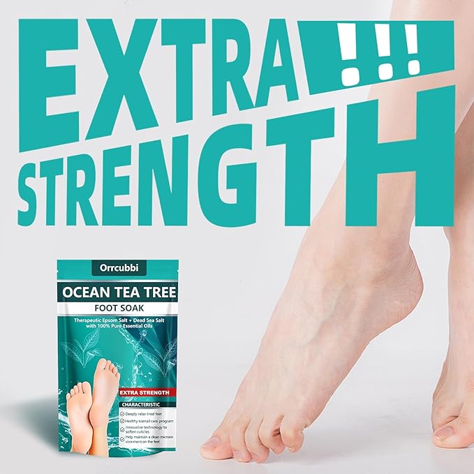 EXTRA STRENGTH Ocean Tea Tree Oil Foot Soak Salt – Dead Sea & Epsom Salt with Natural Essential Oils – Foot Bath for Odor, Callus Softening & Toenail Care – Relax Tired Feet, Home Spa Use 16oz