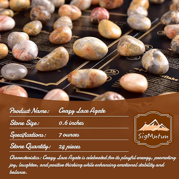 Crazy Lace Agate Healing Crystal Stone Set - 24 Pieces, 0.6" Natural & Polished Stones for Healing, Meditation, Reiki, Chakra, Crafting & Decoration