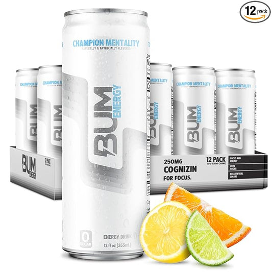 BUM Sugar-Free Energy Drink, Champion Mentality - Lightly Carbonated & No Artificial Colors, Natural Caffeine & Citicoline for Energy & Focus, Brain Boost & Workout Sports Beverage - 12 oz, Pack of 12
