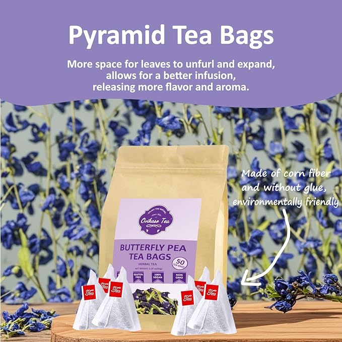 Ovikaso Tea, Butterfly Pea Flower Tea Bags, 50 Pyramid Tea Bags, 1.3g/bag, 100% Natural, Non-GMO, No Caffeine, Brew Hot or Iced tea, Baking, Cocktail, Herbal Tea
