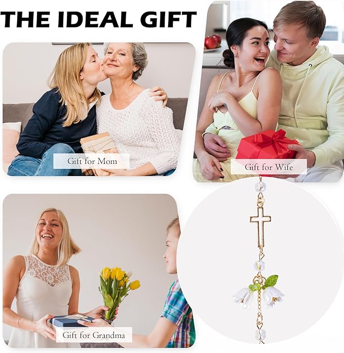 Cross Crystal Car Rearview Mirror Charm - Lily of The Valley Flower Beaded Pendant, Elegant Hanging Cars Interior Decor Ornament & Accessories, for Women Mom