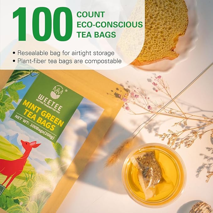 WT WEETEE Mint Green Tea Bags, 100 Count, Perfect blend of Green Tea, Peppermint, Spearmint, Lemongrass, Lemon Balm, Low Caffeine Mint Medley Herbal Tea