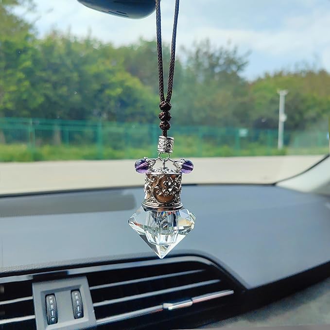 Car Air Freshener Diffuser Hanging Ornament, Diamond-Shaped Empty Crystal Bottle Car Mirror Hanging Accessories, Elegant Bottle Pendant with Wooden Caps Rear View Mirror Accessories