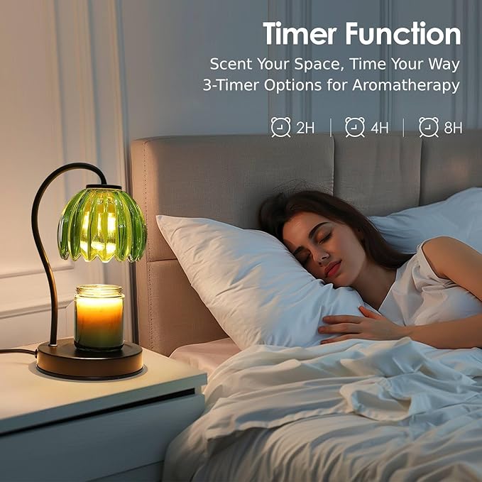 Dimmable Flower Candle Warmer Lamp with Timer, Aromatherapy Candle Lamp for Scented Candles, Modern Green Glass Candle Lamp Warmer, Gifts for Her, Home Bedroom Decor
