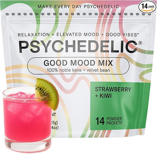 Calming Kava Drink Mix - Kava kava flavored drink mix - Easy Open Single-Serving - Flavored Kava - Mucuna Pruriens - Stevia - Adaptogen Mocktails - 14 Sticks - Strawberry Kiwi
