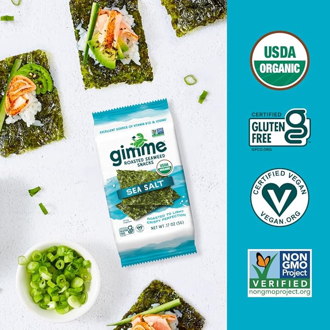 gimMe Organic Roasted Seaweed Sheets, Sea Salt, Keto, Vegan, Gluten Free, Great Source of Iodine and Omega 3’s, Healthy On-The-Go Snack for Kids & Adults, #1 Sea Salt, 0.17 Ounce (Pack of 40)