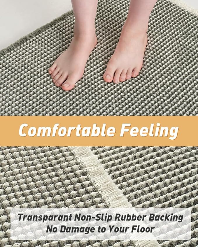 AMOAMI Upgraded Waffle Bath Mat, Super Absorbent Non Slip Bath Mats for Bathroom Floor, Machine Washable Bathroom Rugs with Tassels, Rubber Backed Bathroom Mats, Ultra Soft, 24" x 36", Green & Cream