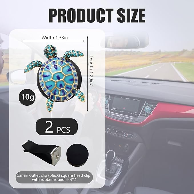 2PCS Beach Car Accessories, Crystal Cute Turtle Air Fresheners Diffuser Vent Clip, Bling Tortoise Car Air Vent Clips, Comes with 2 PCS Black Cars Air Vent Clips(Blue)