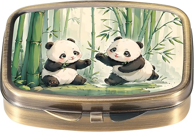 Dynippy Pill Case Pill Box with Mirror Retro Pocket 2 Compartment Medicine Case Vitamin Pill Organizer for Pocket Purse and Travel (Retro-Panda)