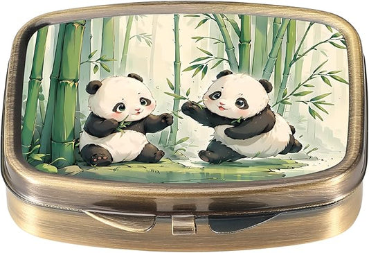 Dynippy Pill Case Pill Box with Mirror Retro Pocket 2 Compartment Medicine Case Vitamin Pill Organizer for Pocket Purse and Travel (Retro-Panda)