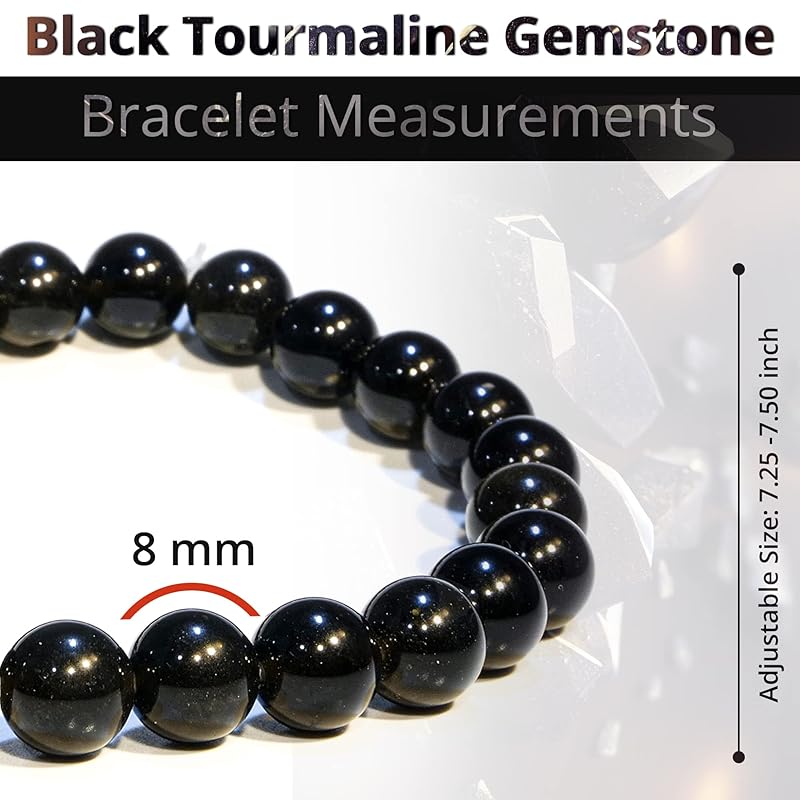 Black Tourmaline Bracelet, Natural Healing Crystal Bracelet for Women and Men, 8mm Round Beaded Bracelet for Spiritual, Protection, Positive Energy, Elastic Adjustable Size Gemstone Bead Bracelet