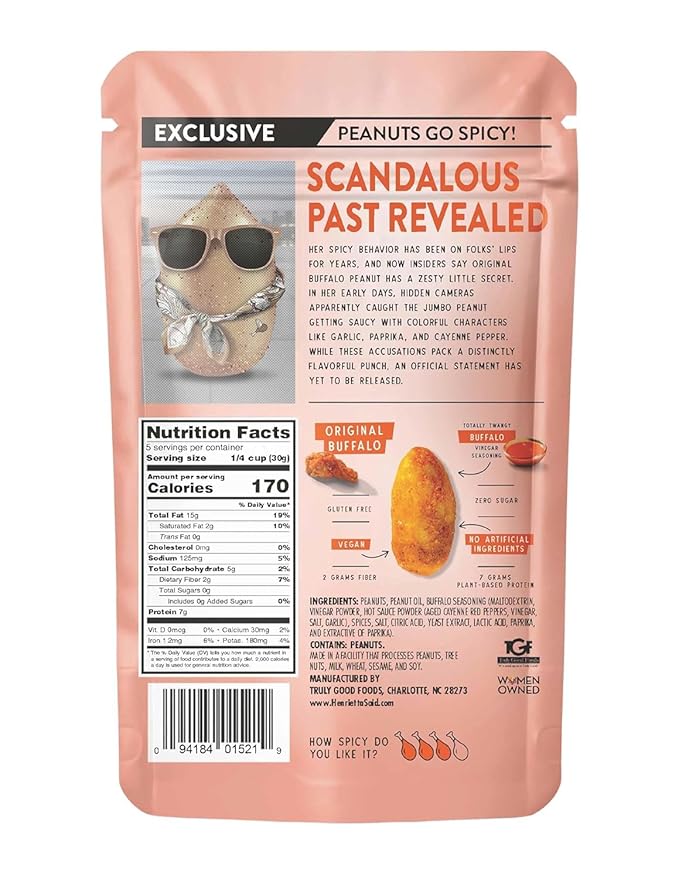 Henrietta Said Wing-Flavored Peanuts - Truly Good Foods Snacking Nuts - Bold Flavors - Savory & Spicy - Jumbo Flavored Peanuts - Protein Packed Vegan Snack - 4 (5-oz) Packs - Original Buffalo