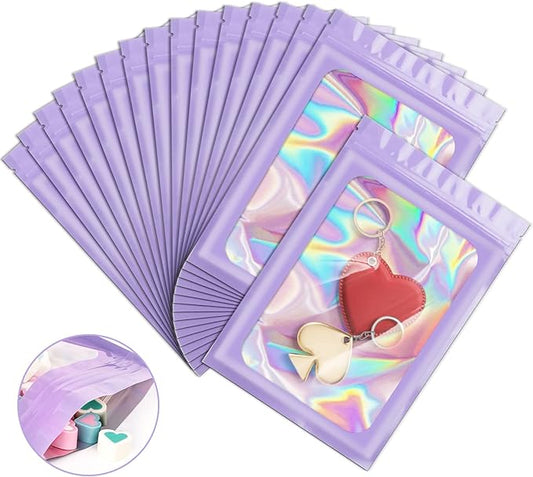 100 Pieces Smell Proof Mylar Resealable Bags, Holographic Packaging Bags, Resealable Odor Foil Pouch Zip Bags with Clear Window for Food Storage and Lipgloss, Jewelry Lash (Purple, 4.3 x 7.5 Inch)