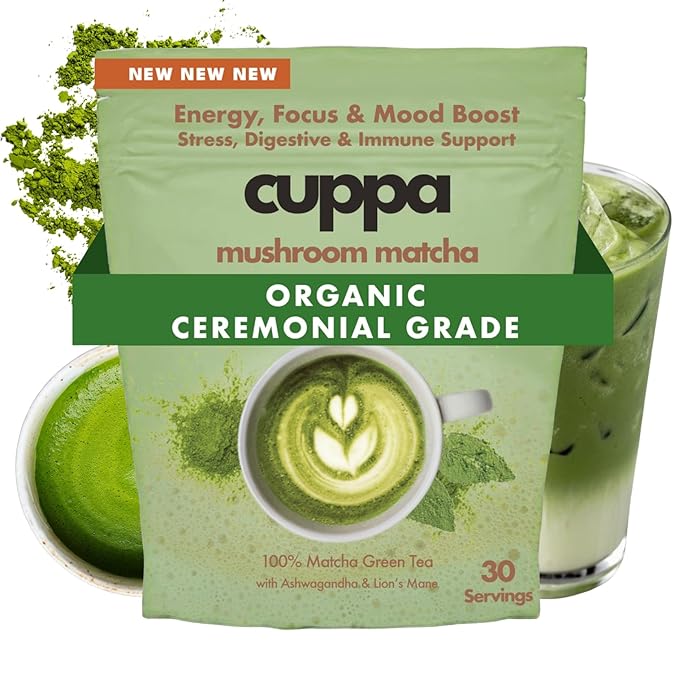 Cuppa Healthy Mushroom Matcha with Lion's Mane & Ashwagandha for All Day Energy & Focus - No Crash or Jitters - Nootropics for Brain Health, Gut Health, Immunity, Stress, Memory + Mood (30 Servings)