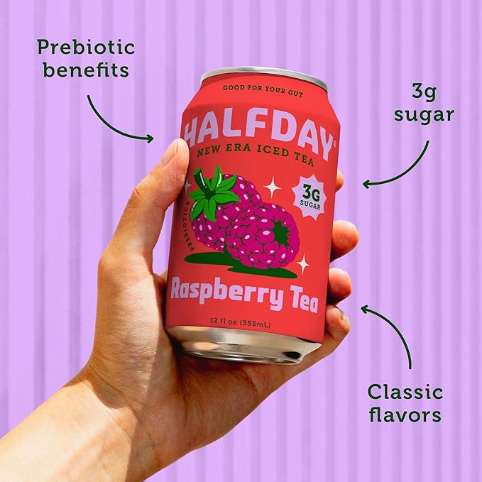 HALFDAY Prebiotic Raspberry Iced Tea Cans, Supports Digestive & Gut Health, 6g Plant Fiber & Prebiotics, Low Sugar, 35 Calories, Real Brewed Tea, Natural Caffeine, Gluten Free, 12 fl oz (12 pack) Packaging May Vary