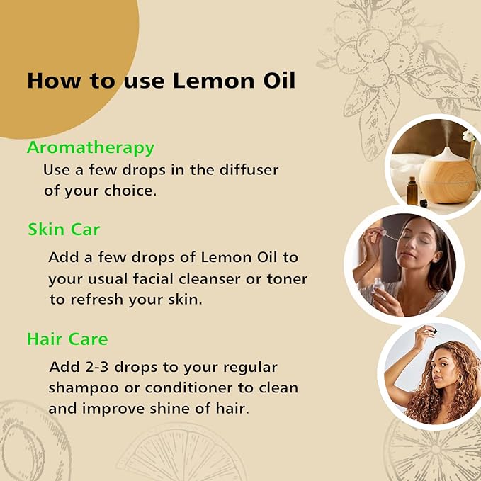 Lemon Essential Oil - Pure Organic Lemon Oil for Diffuser, Spray, Skin & Hair Care, Massage, DIY Candles & Soap - 10mL