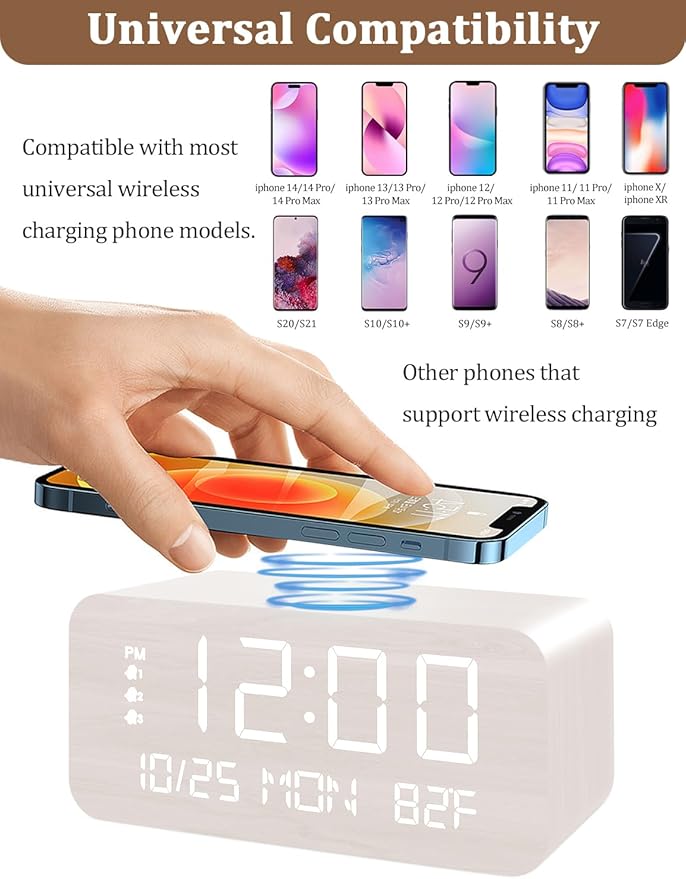 Digital Alarm Clock, with Wooden Electronic LED Time Display, 3 Alarm Settings, Humidity & Temperature Detect, Wood Made Electric Clocks for Bedroom, Bedside, Desk (White-Wireless)