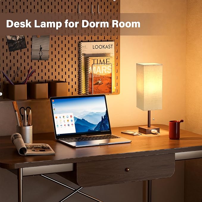 Bedside Lamps for Bedroom Set of 2 - Small Rectangular Nightstand Lamp with USB A C Charging Port, 3 Color Temperatures Desk Light with Bulb, Brown Tabletop Reading Lamp for Living Room/Dorm/Office