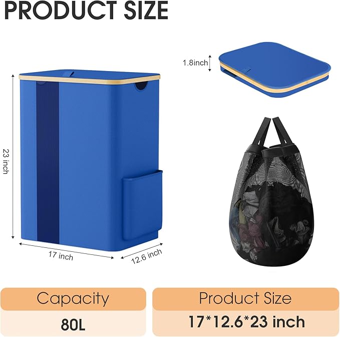 Laundry Basket Clothes Hamper with Lid and Pocket Large Collapsible Laundry Baskets with Handle, Blue Freestanding Hampers for Bedroom Aesthetic, Dorm, Bathroom, Laundry Room (80L)