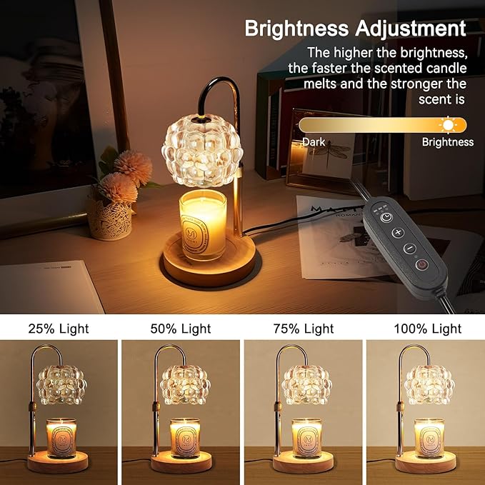 Candle Warmer Lamp with Timer Adjustable - Height Candle Warmer, Dimmer, Vintage Glass Wax Melting Lamps for Home Decor, for Candles in Jars with 2 Bulbs