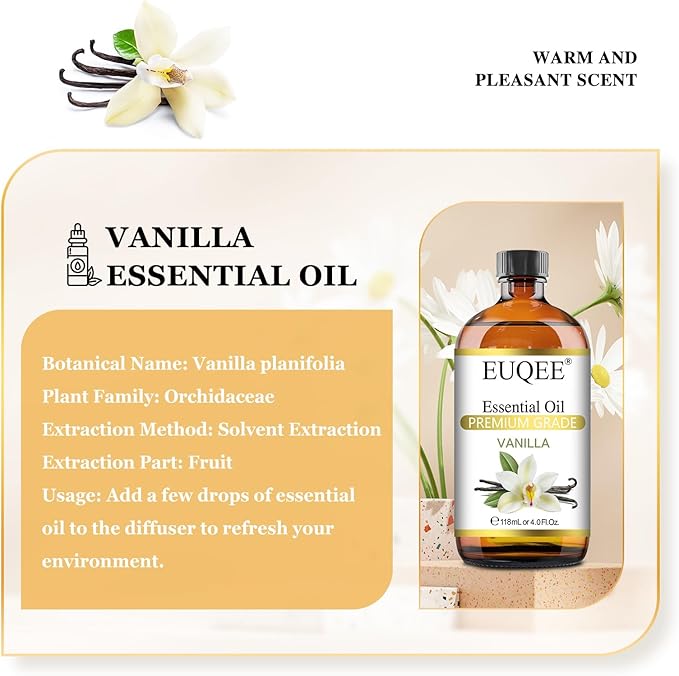 EUQEE Vanilla Essential Oil 118 ml Premium Vanilla Oil with Glass Dropper, Great for Diffusers, Aromatherapy, Candle Making, DIY Soap - 4Fl.Oz