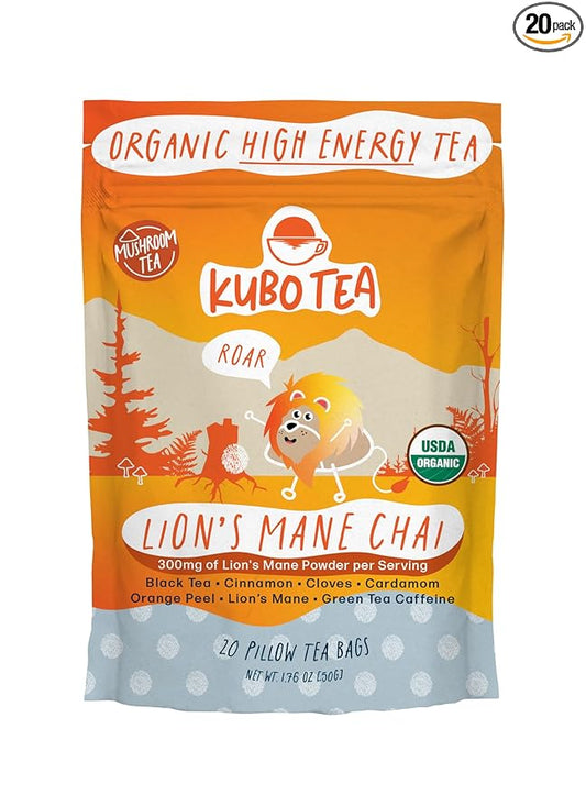 Kubo Tea Lion's Mane Black Tea - High Caffeine Coffee Substitute w/ 20 Servings (155mg Caffeine Each) - Organic Lion's Mane Tea Bags with Pillow Bag Design, Biodegradable and Compostable Packaging