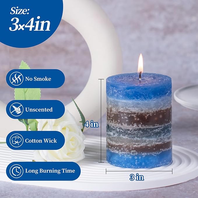 KONNI Blue-Coffee Layered Pillar Candles Set of 3, 3"x 4" Unscented Pillar Candles Bulk, 39 Hours Long Burning Candle, Smokeless & Dripless Round Candle for Wedding, Home Decor, Party, Spa, Dinner