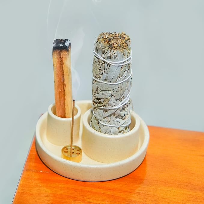 4 in 1 Incense Holder, Ceramic Incense Stick and Palo Santo Holder,Sage Holder for Burning- 5.5" Ceramic Ash Catcher Tray for Meditation and Yoga Room (Sand Gravel)