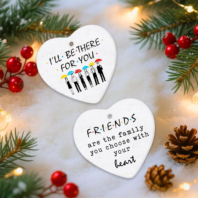 34HD Gifts for Christmas, Coworker Christmas Ornament Heart-Shaped Ceramic 2-Side Printed, Friends Gifts for Men, Women, Christmas Decorations