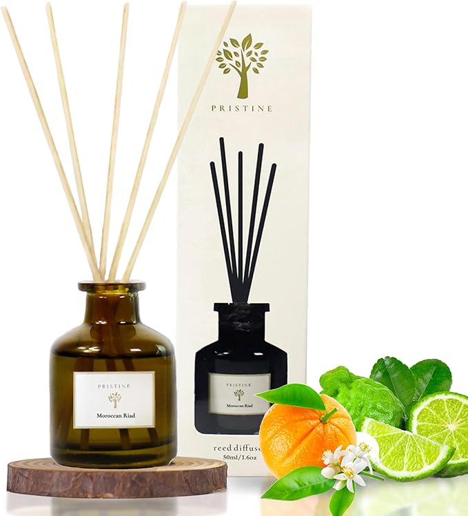 PRISTINE Moroccan Riad/Inspired by Venetian Reed Diffuser for Home | Refreshing Blend of Bergamot, Orange, Earthy Oud Reed Diffuser Set, Oil & Reed Diffuser Sticks | Home & Office Decor