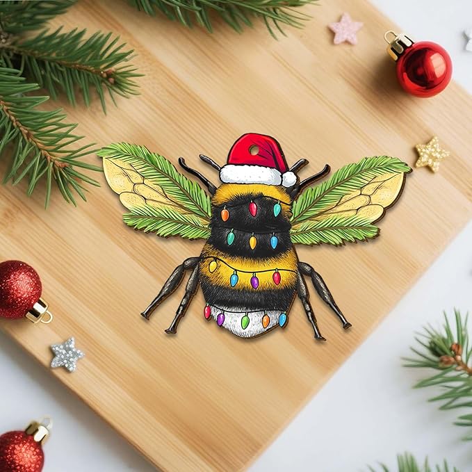2 Side Printed Flat Christmas Wooden Ornaments, Animal Keepsake Hanging Tree Decoration, Santa Bee Ornament