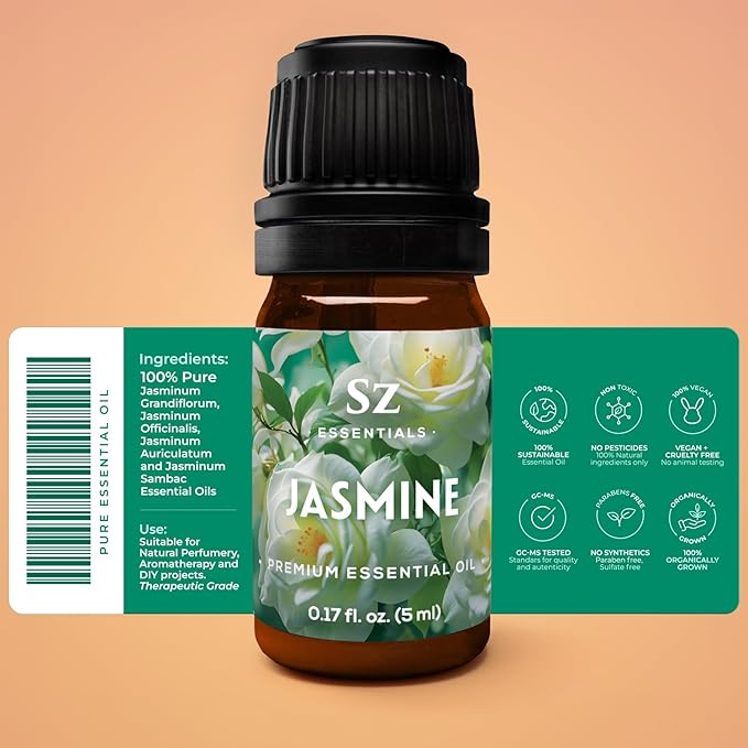 Jasmine Absolute Essential Oil – 100% Pure & Undiluted – 4 Jasminum Species – Divine Floral & Exotic Scent! – Aromatherapy & Natural Perfumery - Therapeutic Grade & Vegan – 0.17oz (5mL)