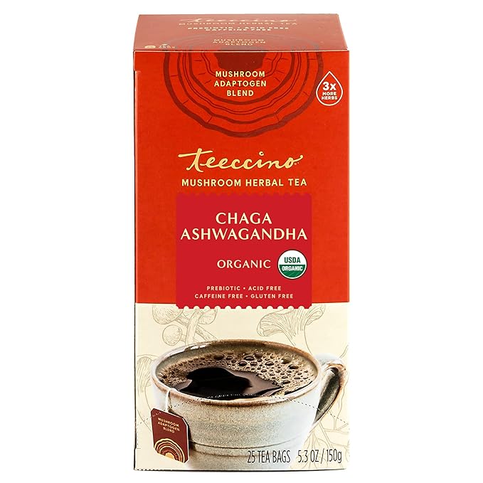 Teeccino Chaga Ashwagandha Tea - Butterscotch Cream - 25 Tea Bags - Organic Mushroom Adaptogenic Herbal Tea, 3x More Herbs than Regular Tea Bags, Prebiotic, Caffeine Free, Gluten Free